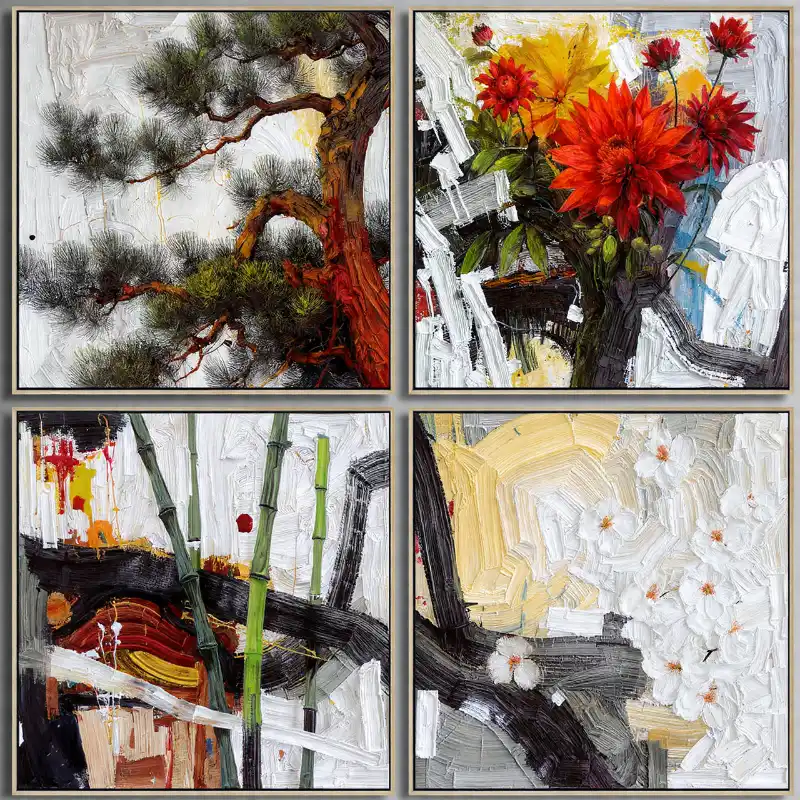 Tranh Tứ Quý treo tường Tùng Cúc Trúc Mai đẹp, sang trọng 56 Tranh tứ quý bốn bức sơn dầu hiện đại tùng, cúc, trúc, mai, nét vẽ mạnh mẽ đầy ấn tượng.