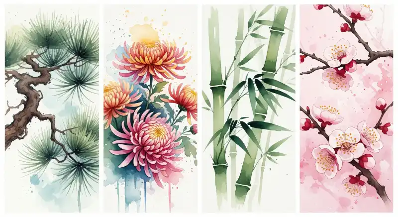 Tranh Tứ Quý treo tường Tùng Cúc Trúc Mai đẹp, sang trọng 57 Tranh tứ quý bốn bức thủy mặc tùng, cúc, trúc, mai với sắc màu tươi tắn, đậm chất nghệ thuật.