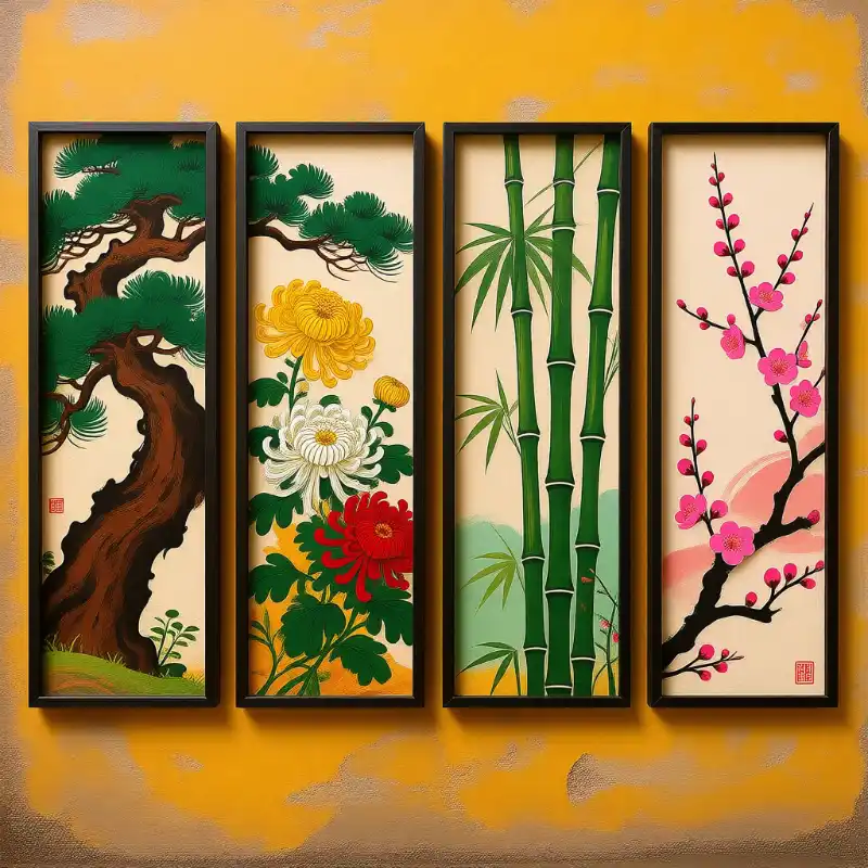 Tranh Tứ Quý treo tường Tùng Cúc Trúc Mai đẹp, sang trọng 58 Tranh tứ quý bốn bức tranh treo tường tùng, cúc, trúc, mai, mang phong thái cổ điển.