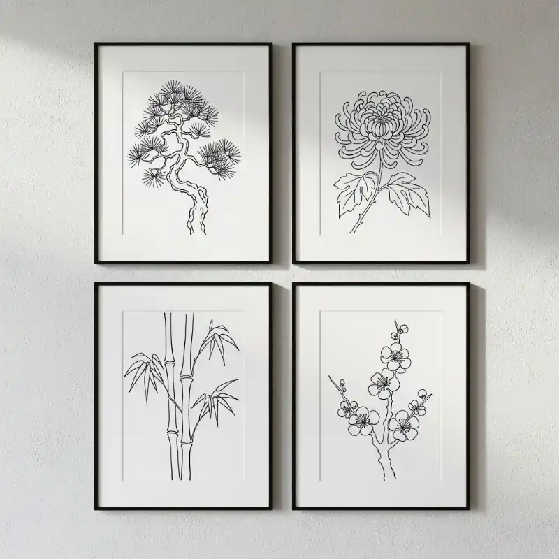 Tranh Tứ Quý treo tường Tùng Cúc Trúc Mai đẹp, sang trọng 59 Tranh tứ quý bốn bức tranh vẽ cây tùng, cúc, trúc, mai tối giản, nghệ thuật