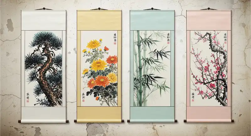 Tranh Tứ Quý treo tường Tùng Cúc Trúc Mai đẹp, sang trọng 60 Tranh tứ quý bốn cuộn thư pháp tùng, cúc, trúc, mai với họa tiết truyền thống, treo tường.