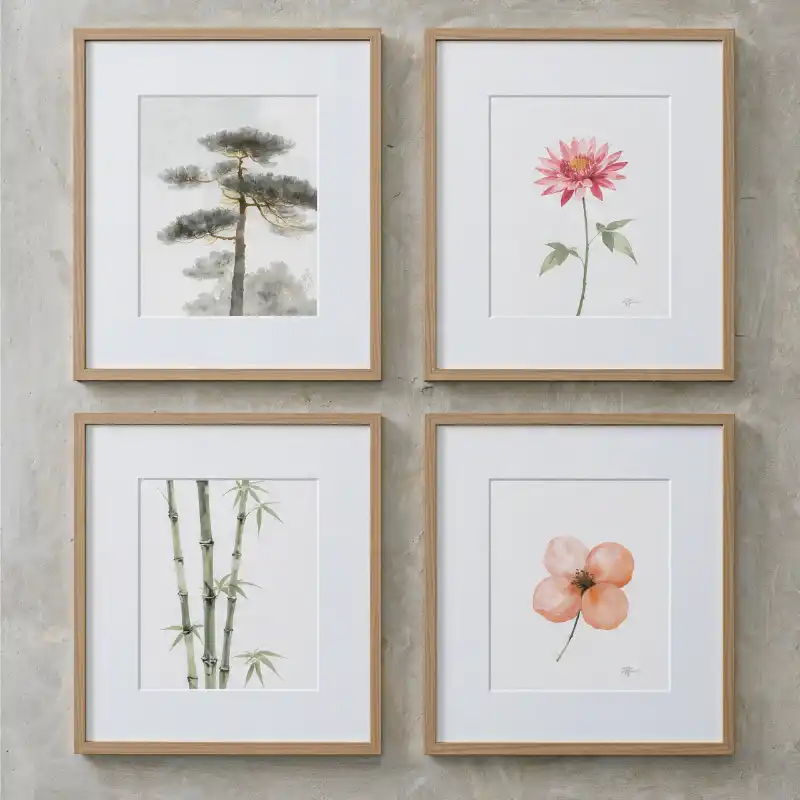 Tranh Tứ Quý treo tường Tùng Cúc Trúc Mai đẹp, sang trọng 61 Tranh tứ quý bốn hình minh họa tùng, cúc, trúc và hoa với gam màu nước nhẹ nhàng.