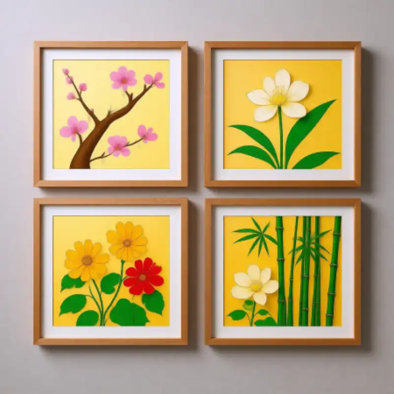 Tranh Tứ Quý treo tường Tùng Cúc Trúc Mai đẹp, sang trọng 62 Tranh tứ quý bốn khung hình vuông với mai, hoa trắng, cúc và trúc, mang sắc vàng ấm áp.