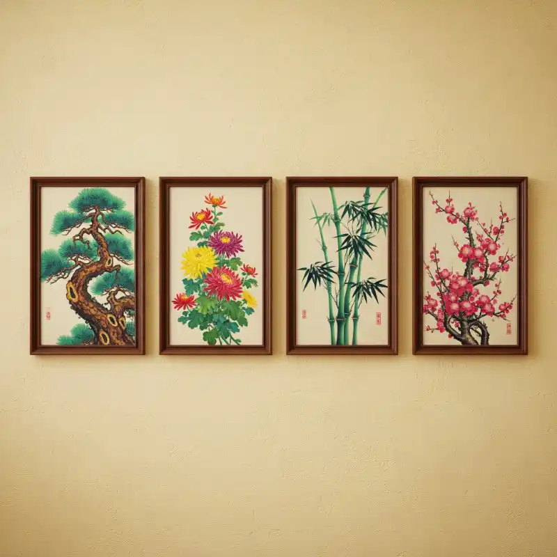 Tranh Tứ Quý treo tường Tùng Cúc Trúc Mai đẹp, sang trọng 63 Tranh tứ quý bốn khung tranh tùng, cúc, trúc, mai tông màu cổ điển treo tường ấm cúng.