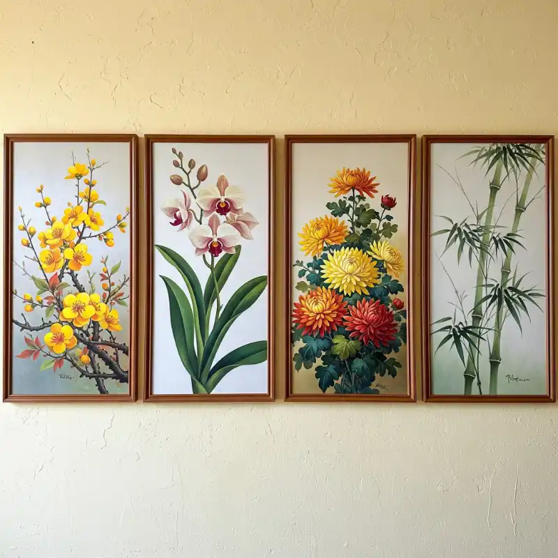 Tranh Tứ Quý treo tường Tùng Cúc Trúc Mai đẹp, sang trọng 64 Tranh tứ quý bốn tác phẩm nghệ thuật mai vàng, lan, cúc, trúc với khung gỗ treo tường.