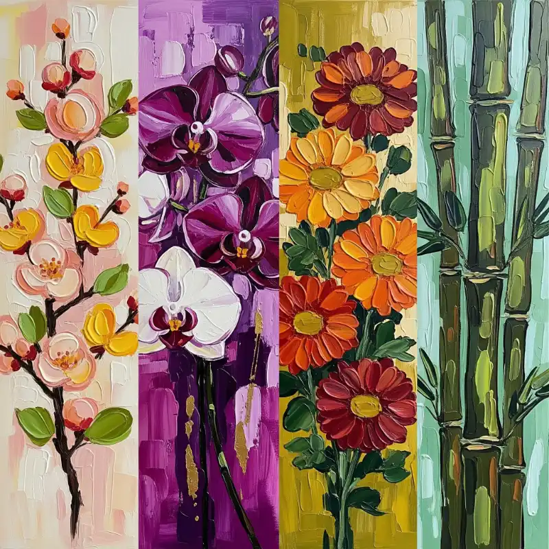 Tranh Tứ Quý treo tường Tùng Cúc Trúc Mai đẹp, sang trọng 65 Tranh tứ quý bốn tác phẩm sơn dầu hoa mai, lan, cúc, trúc với màu sắc rực rỡ