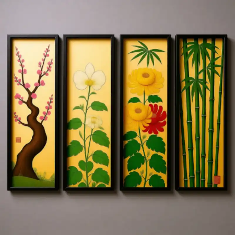 Tranh Tứ Quý treo tường Tùng Cúc Trúc Mai đẹp, sang trọng 66 Tranh tứ quý bốn tác phẩm thể hiện mai, hoa trắng, cúc và trúc, nền vàng tươi sáng.