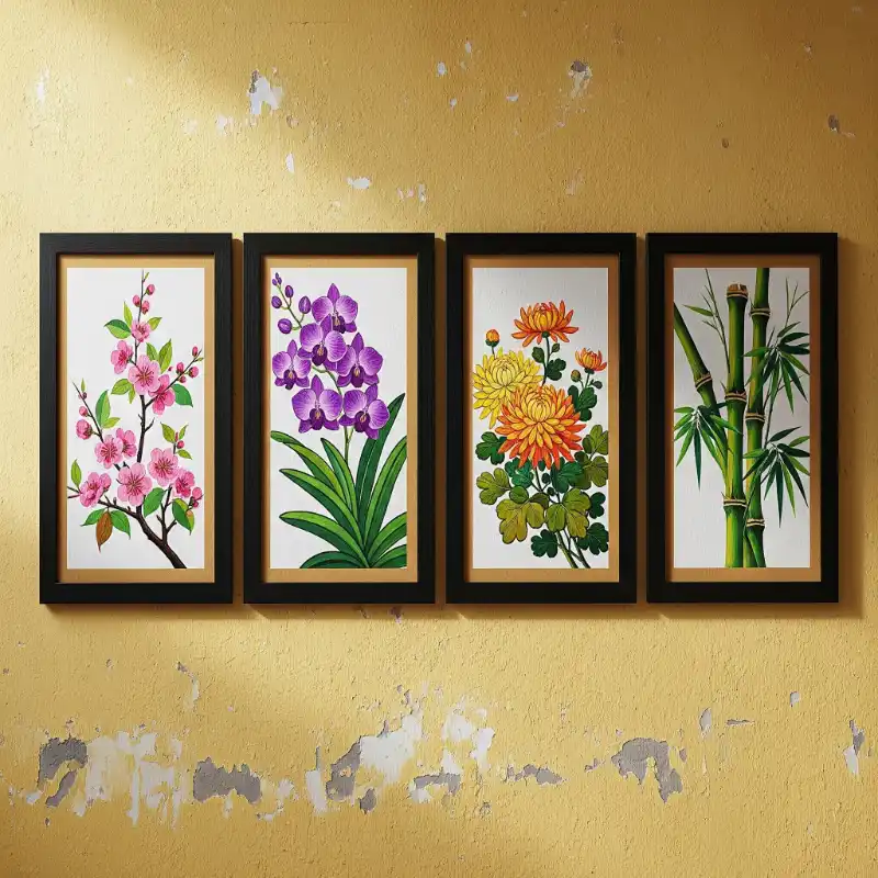 Tranh Tứ Quý treo tường Tùng Cúc Trúc Mai đẹp, sang trọng 67 Tranh tứ quý dãy bốn tranh mai hồng, lan tím, cúc vàng, trúc xanh khung đen, trên tường cũ.