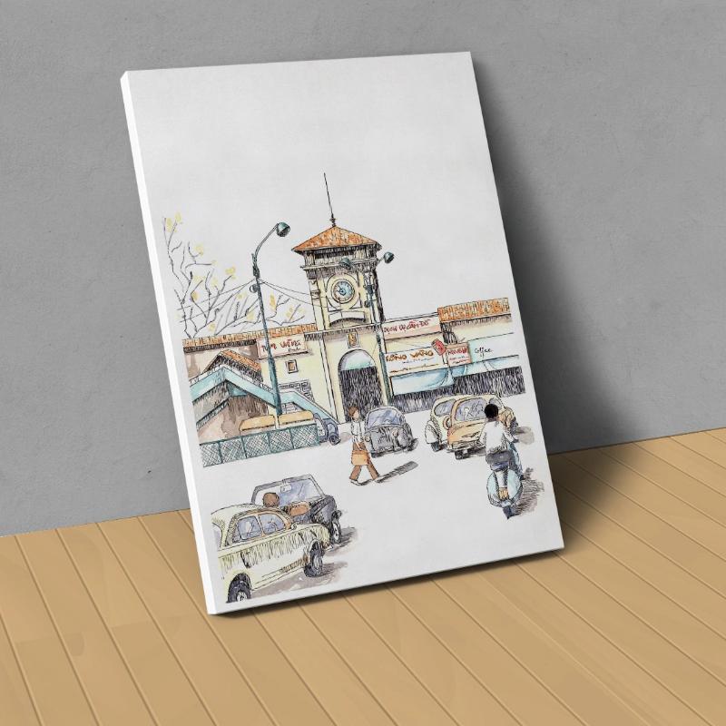 Tranh vẽ Chợ Bến Thành – Tuyển chọn mẫu đẹp nhất 2025 15 Phác thảo phong cách hiện đại trên nền trắng, thích hợp cho không gian trẻ trung như homestay, studio