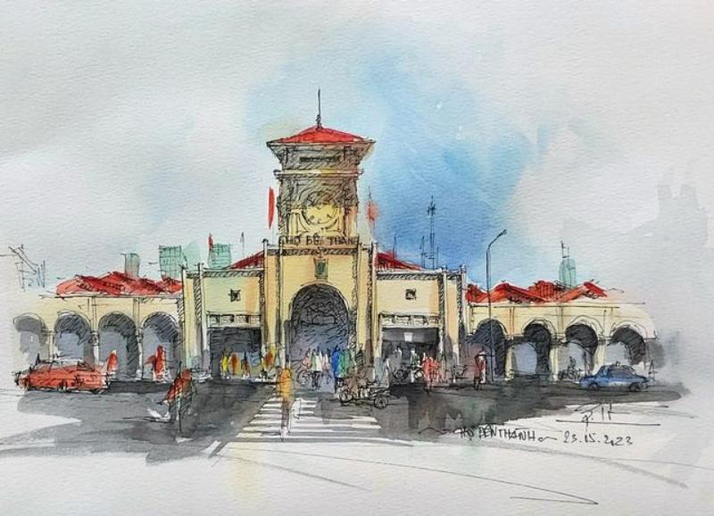 Tranh vẽ Chợ Bến Thành – Tuyển chọn mẫu đẹp nhất 2025 16 Tranh màu nước kết hợp ký họa, lột tả nhịp sống nhanh và cảm giác thoáng đãng của khu vực chợ