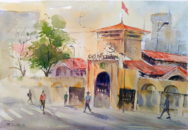 Tranh vẽ Chợ Bến Thành – Tuyển chọn mẫu đẹp nhất 2025 10 Tranh màu nước với gam màu trầm, thể hiện cảm giác hoài niệm, nhẹ nhàng về Sài Gòn xưa
