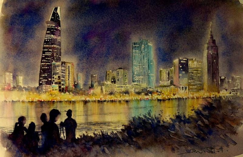 Tranh vẽ thành phố Hồ Chí Minh – Vẻ đẹp Sài Gòn hiện đại 20 Khu đô thị bên sông Sài Gòn dưới ánh đèn đêm huyền ả