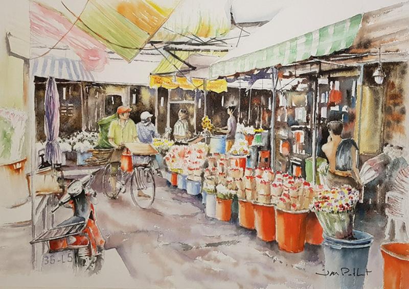 Tranh vẽ thành phố Hồ Chí Minh – Vẻ đẹp Sài Gòn hiện đại 22 Không gian bên trong chợ hoa với người bán và bó hoa tươi