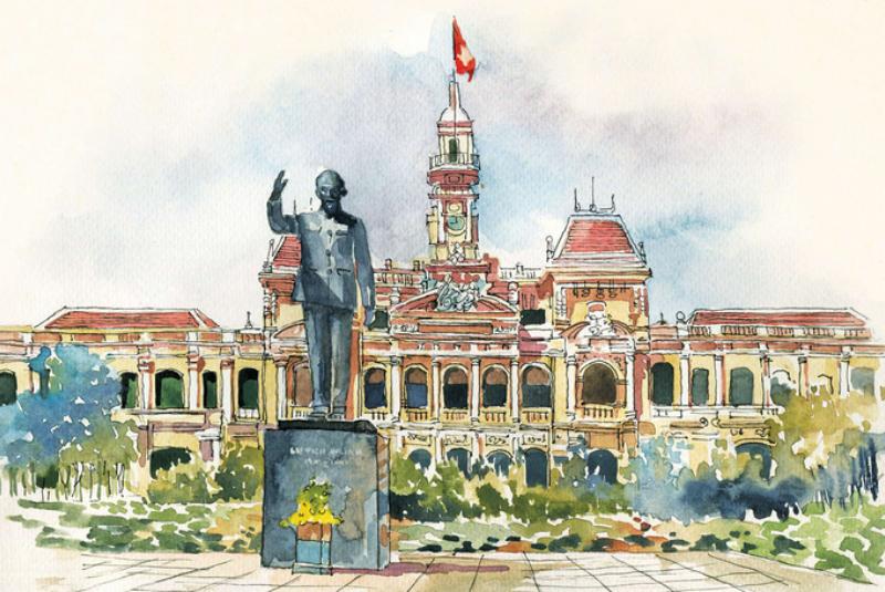 Tranh vẽ thành phố Hồ Chí Minh – Vẻ đẹp Sài Gòn hiện đại 23 Tượng đài Bác Hồ và Tòa nhà Ủy ban Nhân dân Thành phố Hồ Chí Minh