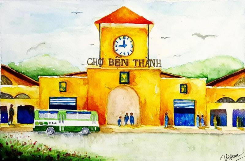 Tranh vẽ thành phố Hồ Chí Minh – Vẻ đẹp Sài Gòn hiện đại 11 Chợ Bến Thành trong tranh màu nước, giản dị và gần gũi