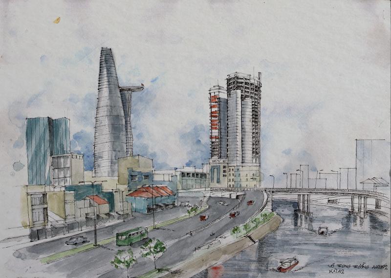 Tranh vẽ thành phố Hồ Chí Minh – Vẻ đẹp Sài Gòn hiện đại 12 Phác thảo cảnh quan đô thị dọc sông Sài Gòn với Bitexco