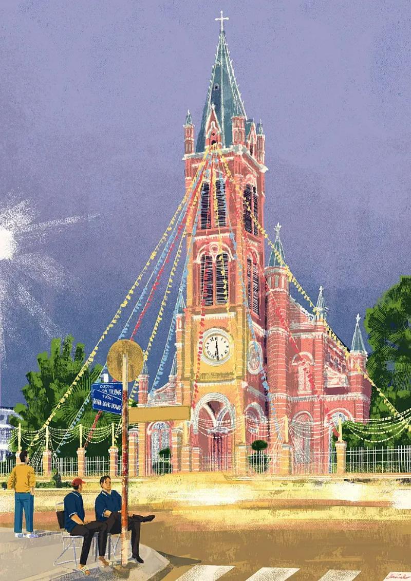 Tranh vẽ thành phố Hồ Chí Minh – Vẻ đẹp Sài Gòn hiện đại 5 Nhà thờ Đức Bà trong tranh ấn tượng – biểu cảm với ánh đèn rực rỡ