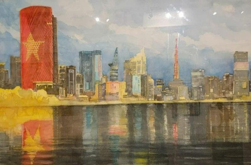 Tranh vẽ thành phố Hồ Chí Minh – Vẻ đẹp Sài Gòn hiện đại 4 Skyline Thành phố Hồ Chí Minh theo phong cách hiện thực, phản chiếu trên mặt nước.