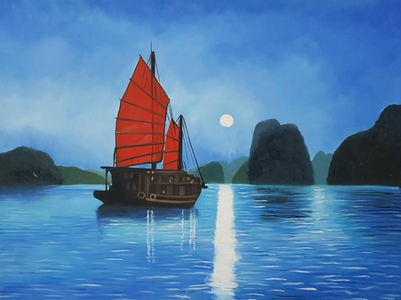 Vẻ đẹp huyền ảo của thuyền buồm và ánh trăng, một góc nhìn thơ mộng về tranh Vẽ Vịnh Hạ Long mang lại sự bình yên, vượng khí
