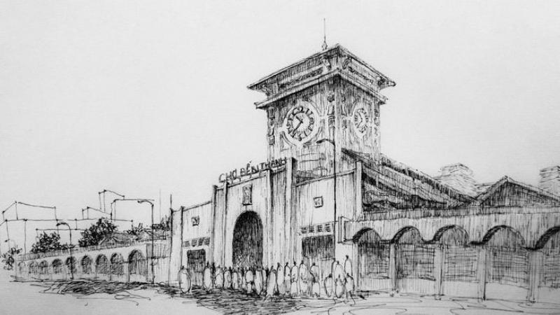 Tranh vẽ Chợ Bến Thành – Tuyển chọn mẫu đẹp nhất 2025 12 Bức ký họa nét sắc sảo, tập trung vào kiến trúc chi tiết của tháp đồng hồ Chợ Bến Thành