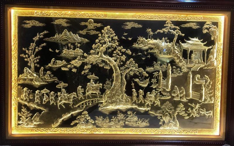 50+ Mẫu tranh vinh quy bái tổ nét đẹp văn hóa 7 Tranh vinh quy bái tổ bằng đồng nền đen nổi bật ánh vàng tinh xảo