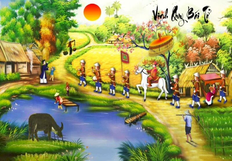 50+ Mẫu tranh vinh quy bái tổ nét đẹp văn hóa 23 tranh vinh quy bái tổ khắc họa cảnh đoàn ngựa rước về làng