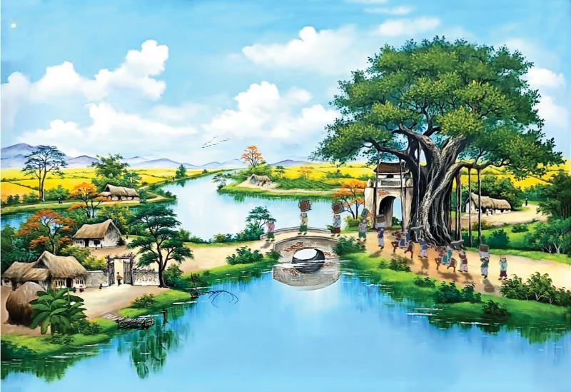 50+ Mẫu tranh vinh quy bái tổ nét đẹp văn hóa 19 Tranh vinh quy bái tổ phong cảnh đồng quê sông nước thanh bình