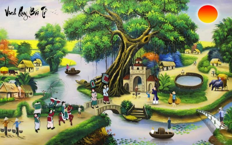 50+ Mẫu tranh vinh quy bái tổ nét đẹp văn hóa 27 Tranh vinh quy bái tổ phong cảnh làng cổ và đoàn quan trạng