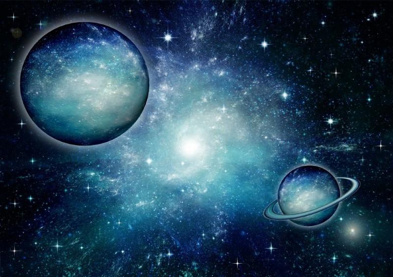 Tranh vũ trụ – Nghệ thuật huyền bí và cảm hứng vô tận 9 Tranh vũ trụ tối giản với hành tinh và tinh vân xanh, phù hợp trang trí không gian làm việc hoặc phòng ngủ