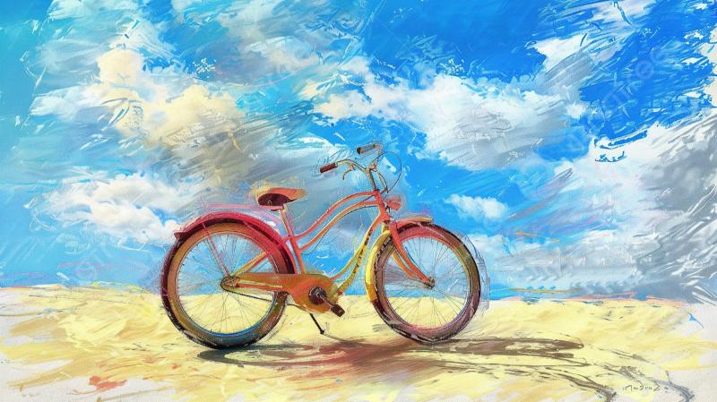 Tranh xe đạp – Vẻ đẹp hoài niệm và mộc mạc trong nghệ thuật 12 Hình ảnh xe đạp dưới bầu trời rộng lớn, tượng trưng cho sự tự do và hành trình khám phá thế giới