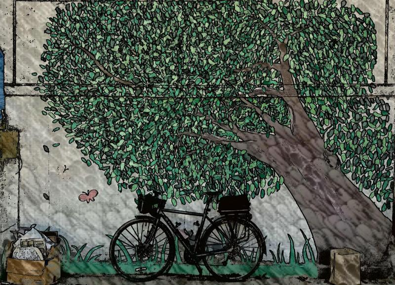 Tranh xe đạp – Vẻ đẹp hoài niệm và mộc mạc trong nghệ thuật 8 Chiếc xe đạp đứng lặng lẽ dưới bóng cây xanh mát, thể hiện sự mộc mạc và thanh thản