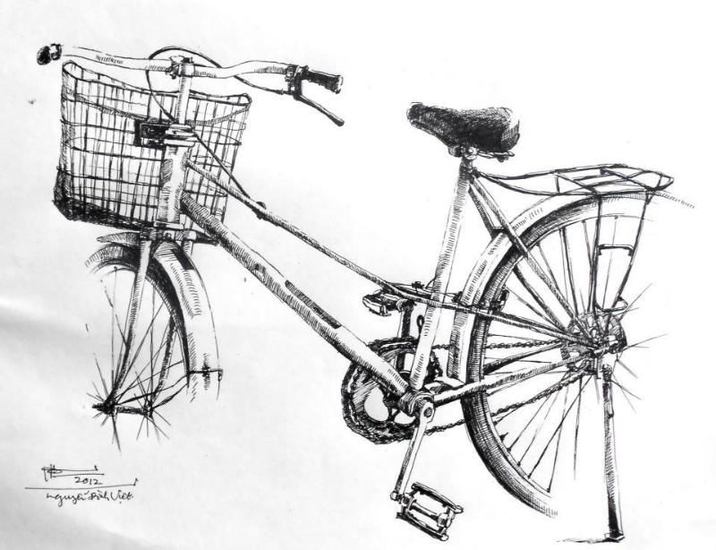 Tranh xe đạp – Vẻ đẹp hoài niệm và mộc mạc trong nghệ thuật 14 Xe đạp trong tranh ký họa, tập trung vào đường nét và tạo hình, gợi cảm xúc hoài niệm
