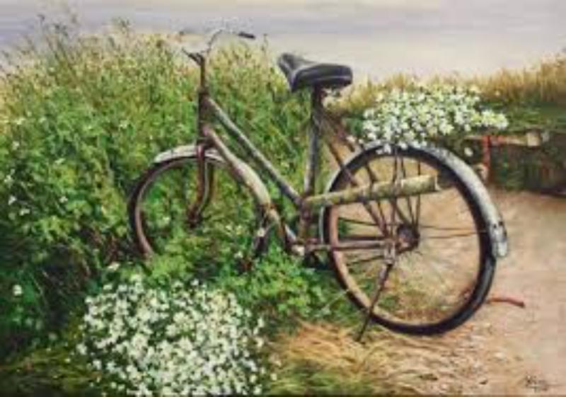 Tranh xe đạp – Vẻ đẹp hoài niệm và mộc mạc trong nghệ thuật 15 Chiếc xe đạp cũ kỹ hòa mình vào thiên nhiên, là biểu tượng của sự thanh thản và những giá trị chân thật