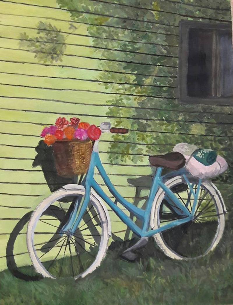 Tranh xe đạp – Vẻ đẹp hoài niệm và mộc mạc trong nghệ thuật 16 Hình ảnh xe đạp chở hoa dịu dàng, phù hợp treo trong phòng khách hoặc phòng ngủ để nuôi dưỡng tâm hồn