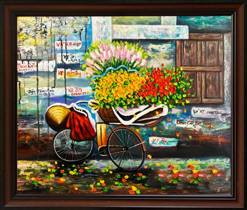 Tranh xe đạp – Vẻ đẹp hoài niệm và mộc mạc trong nghệ thuật 7 Tranh tái hiện chiếc xe đạp chở hoa rực rỡ cùng nón lá, hình ảnh gần gũi và đầy nhân văn