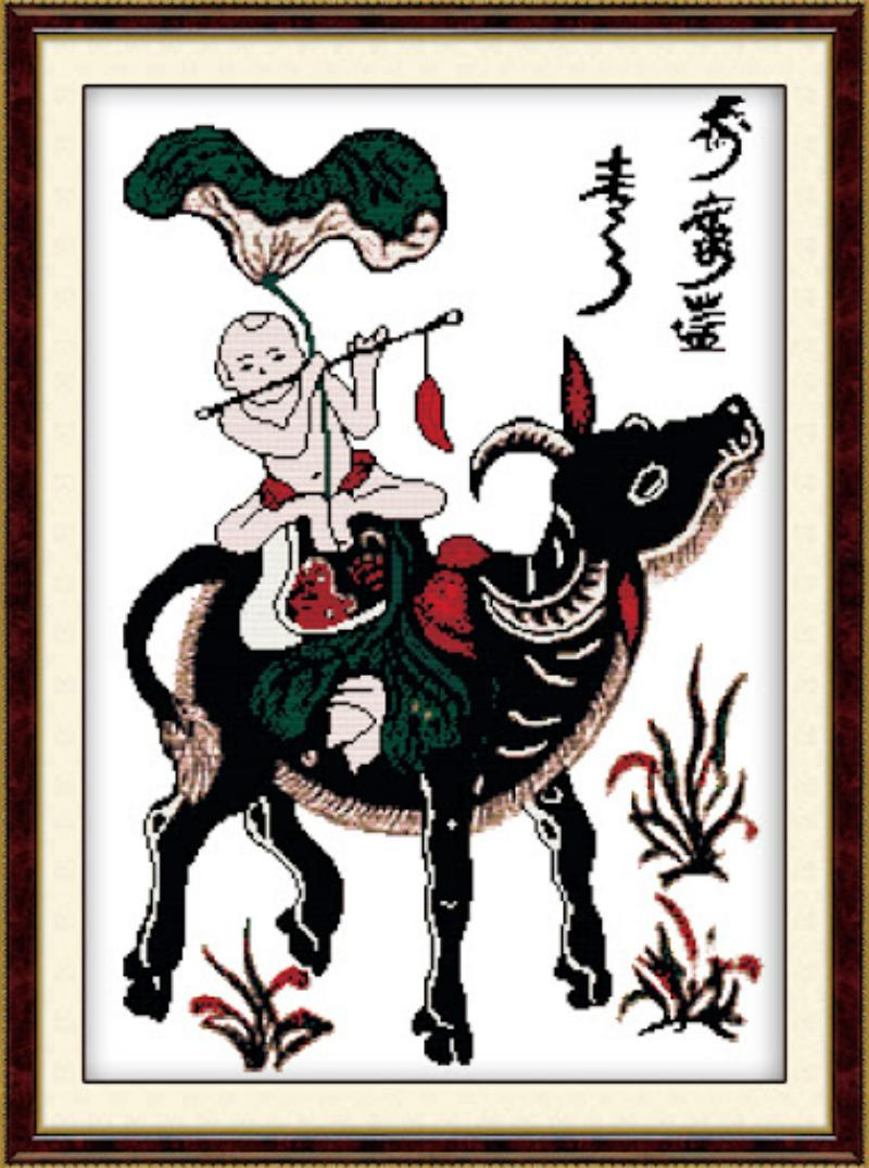 Tranh Đông Hồ Chăn Trâu Thổi Sáo và hình tượng con trâu 16 Tranh thêu Đông Hồ Chăn Trâu Thổi Sáo trên nền