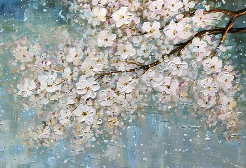 Tranh hoa đào trắng dạng 3D nổi bật trên nền xanh mát, giúp cân bằng năng lượng và mang lại hanh thông
