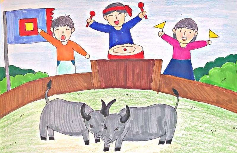 Vẽ tranh lễ hội chọi trâu – Nét đẹp văn hóa dân gian Việt 2 Vẽ tranh lễ hội chọi trâu cảnh học sinh vẽ tranh lễ hội chọi trâu màu sắc sinh động