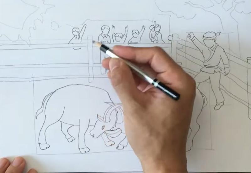 Vẽ tranh lễ hội chọi trâu – Nét đẹp văn hóa dân gian Việt 6 vẽ tranh lễ hội chọi trâu phác thảo bằng bút chì bố cục sân đấu và khán giả