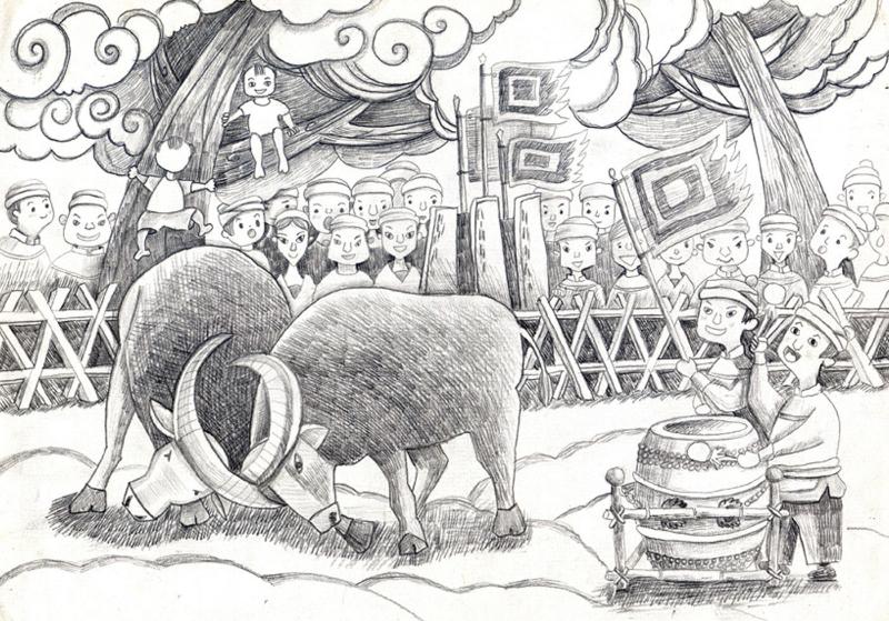 Vẽ tranh lễ hội chọi trâu – Nét đẹp văn hóa dân gian Việt 11 vẽ tranh lễ hội chọi trâu quang cảnh sân đình náo nhiệt trâu húc nhau trước đám đông