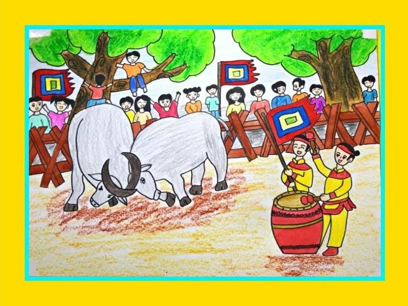 Vẽ tranh lễ hội chọi trâu – Nét đẹp văn hóa dân gian Việt 3 vẽ tranh lễ hội chọi trâu sân đấu sôi động trâu thi đấu khán giả hò reo rực rỡ
