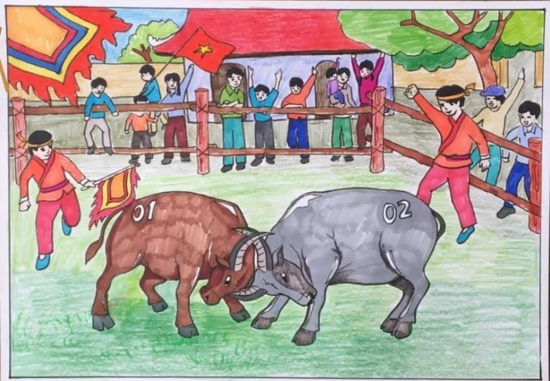 Vẽ tranh lễ hội chọi trâu – Nét đẹp văn hóa dân gian Việt 9 vẽ tranh lễ hội chọi trâu trâu chọi dũng mãnh người xem cổ vũ lễ hội truyền thống