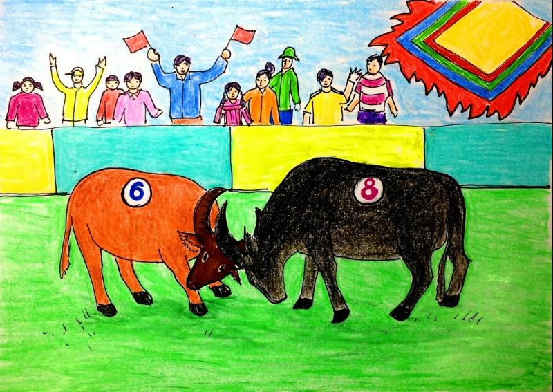 Vẽ tranh lễ hội chọi trâu – Nét đẹp văn hóa dân gian Việt 7 ve tranh le hoi choi trau trau trang va trau den giao chien nguoi danh trong co vu