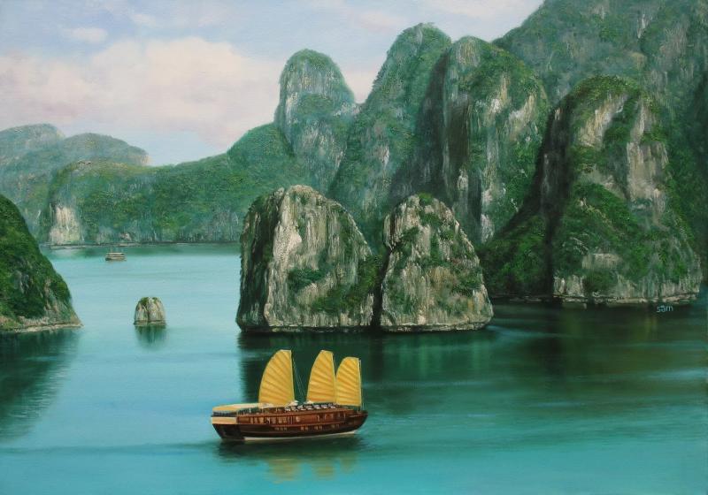 Bố cục cân đối của núi đá vững chãi và mặt nước xanh trong, tranh Vẽ Vịnh Hạ Long tượng trưng cho sự ổn định và thu hút tài lộc