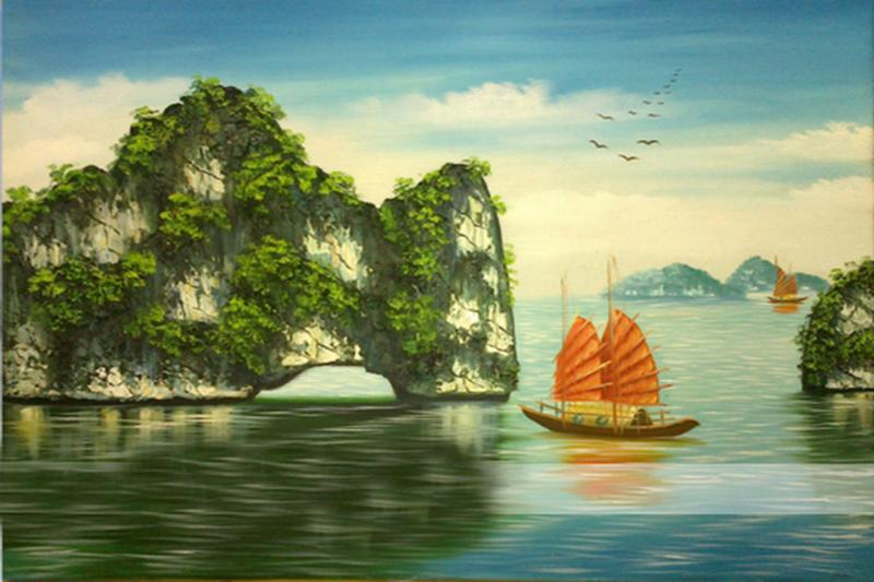 Hòn đảo với vòm đá tự nhiên, hình ảnh đặc trưng trong tranh Vẽ Vịnh Hạ Long là biểu tượng của sự che chở, bình an