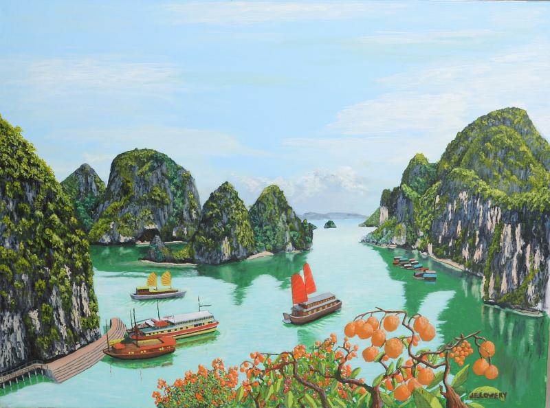 Toàn cảnh Vịnh Hạ Long xanh tươi, tàu thuyền tấp nập, một bức tranh Vẽ Vịnh Hạ Long sống động thể hiện sự thịnh vượng