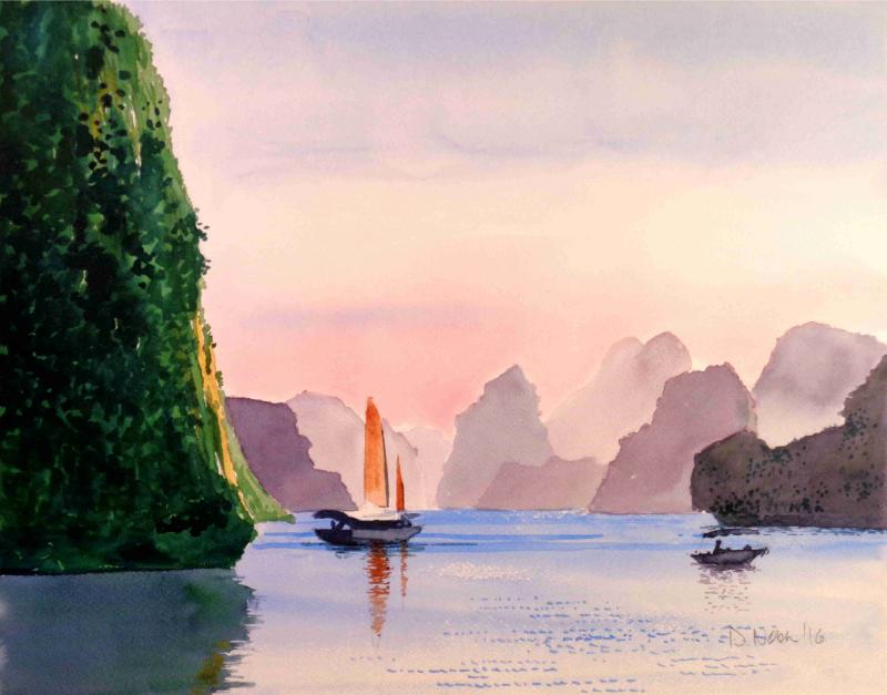 Hoàng hôn lãng mạn trên biển, tranh Vẽ Vịnh Hạ Long màu nước với tông cam-hồng phù hợp cho không gian ấm cúng