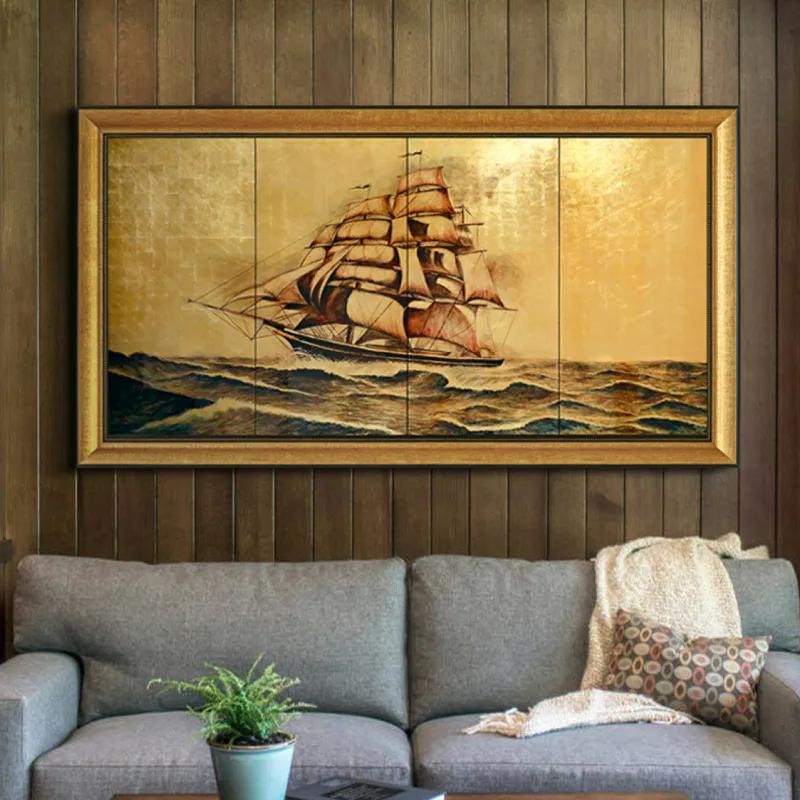 Bộ tranh sơn mài 4 tấm hình thuyền buồm vượt sóng, tượng trưng cho sự hanh thông và phát triển, phù hợp với không gian rộng