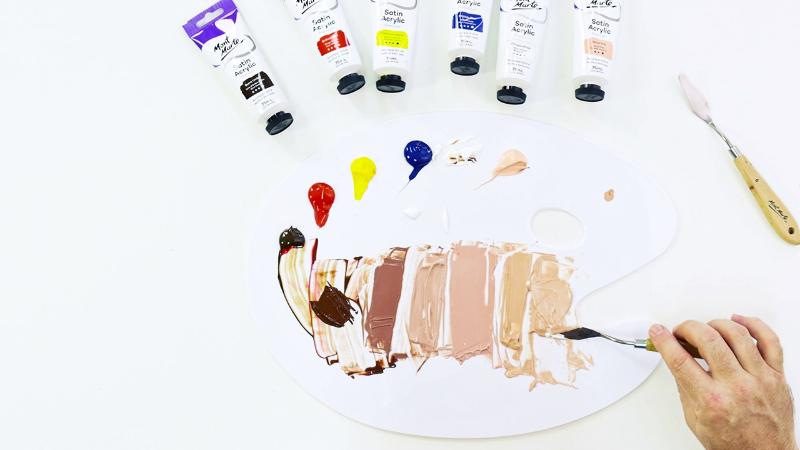 Cách pha màu và bảng pha màu chuẩn đẹp, dễ áp dụng 9 Bắt đầu với màu trắng làm nền, sau đó thêm đỏ, vàng, và một chút xanh dương/nâu để tạo màu da người tự nhiên và điều chỉnh sắc độ sáng tối.