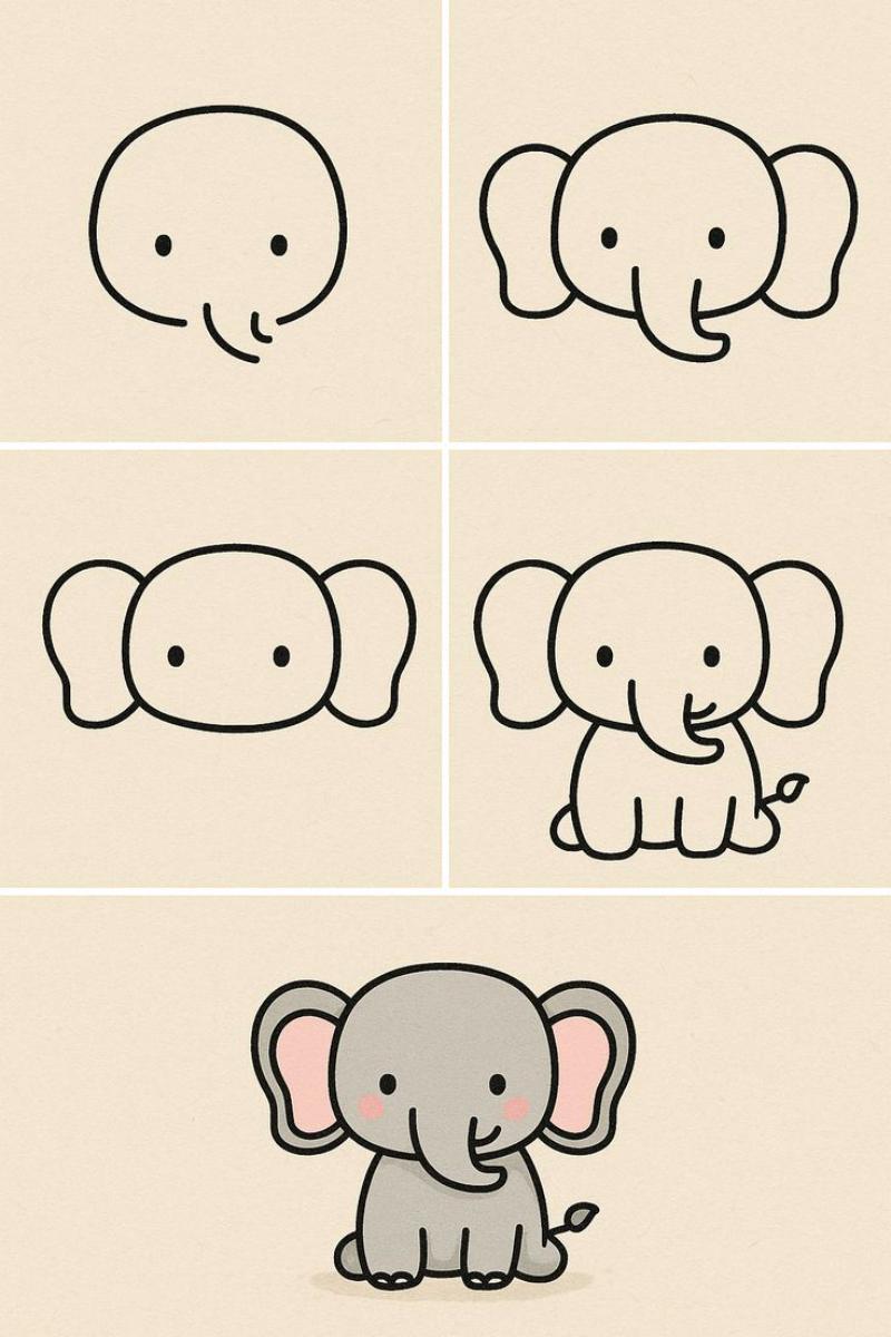 Vẽ con vật đơn giản: 30 mẫu dễ thương cho bé tập vẽ tại nhà 46 Vẽ con voi đơn giản